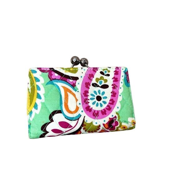 Vera Bradley Kiss Lock Wallet Tutti Fruitti Floral Pink Green Quilted Bohemian - Picture 2 of 5